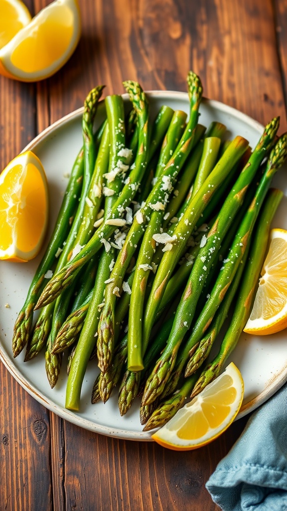 Crispy air fryer asparagus garnished with parmesan and served with lemon wedges on a rustic table.